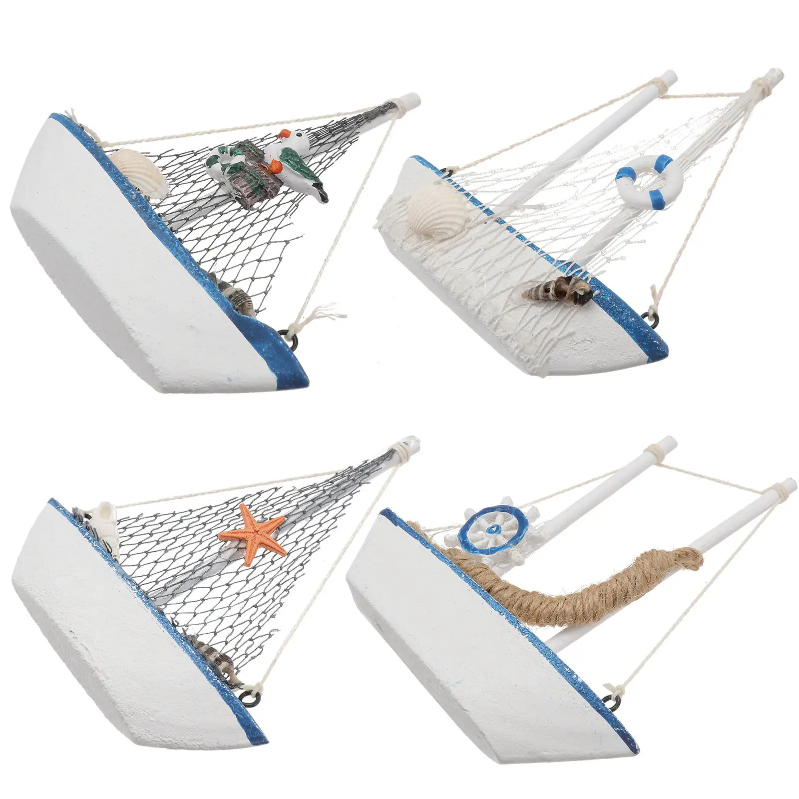 

4Pcs Creative Home Sailboat Decoration Navy Blue White Mediterranean Wooden Sailing Ship Craft for Coastal Room Beach Theme