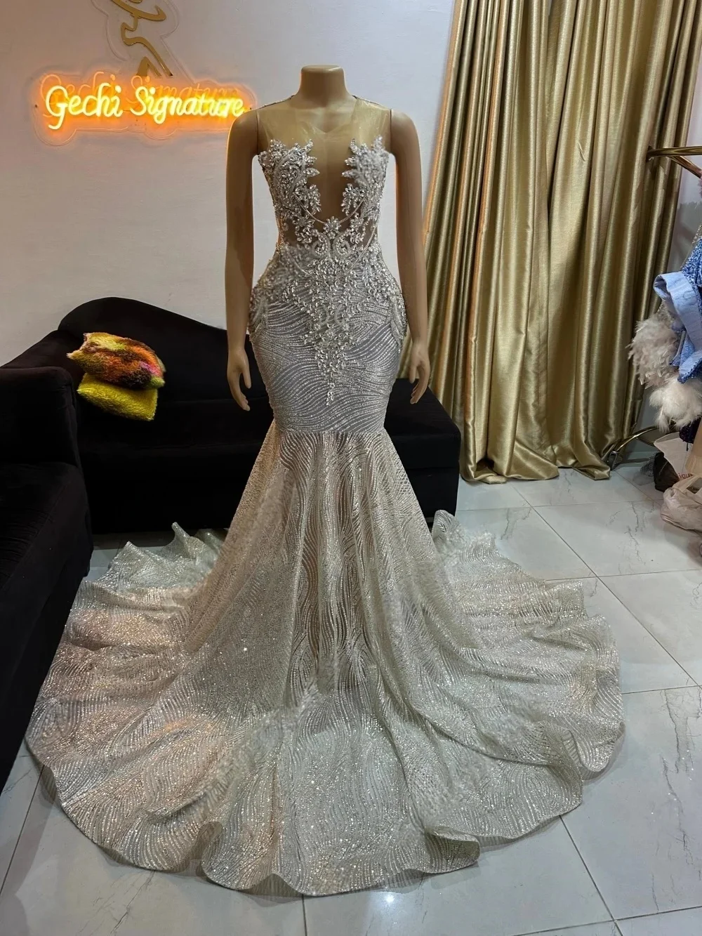 Silver African American Prom Dresses For Black Girls Mermaid Sheer Beaded Sparkly Robe De Soiree Evening Gown Customized