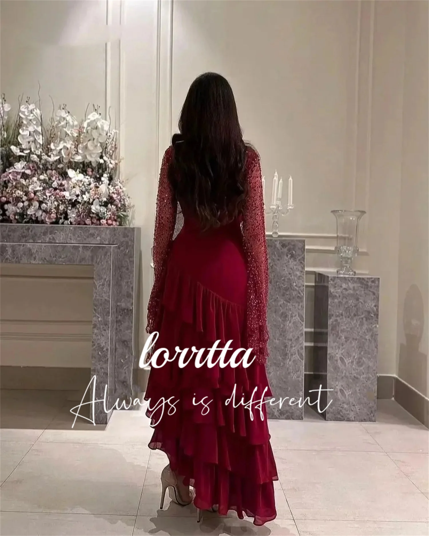 Lorrtta Burgundy Chiffon Dubai Ball Gown O-neck Beaded Tiered Asymmetric Skirt Ankle-length Saudi Arabia فساتين السهرة الحفلات