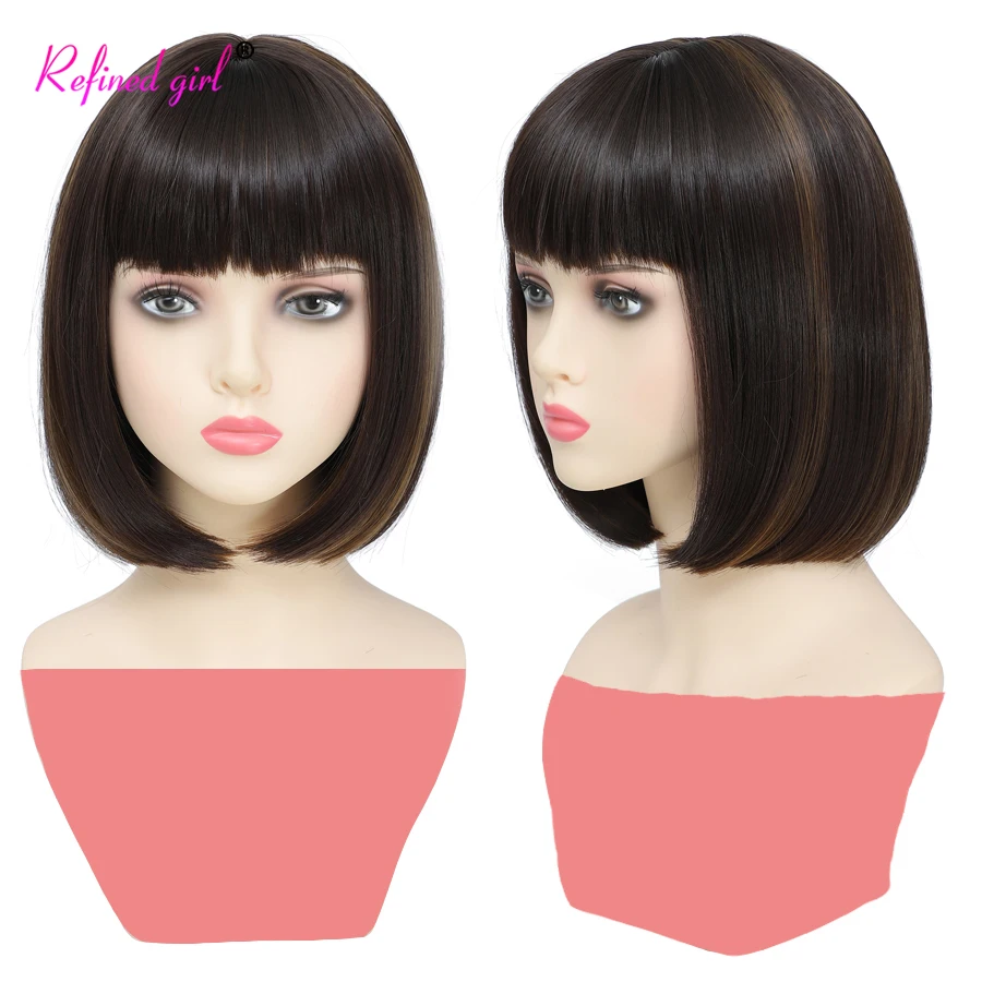 Bob Wig with bangs Synthetic Heat Resistant Highlights Short Wig for White Black Women Brown Pink Grey Red Burgundy Color