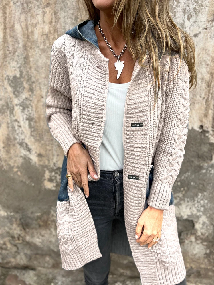 Outono inverno sólido retalhos chiques suéteres, feminino casual manga longa simples topos, com capuz todos os jogos senhoras cardigan streetwear