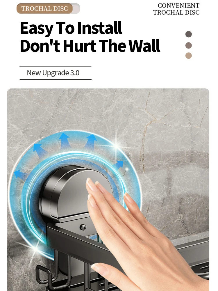 Ventosa organizador de banheiro-sem broca prateleira de chuveiro à prova dwaterproof água armazenamento de banheiro para shampoo sabão prateleira ajustável com ganchos