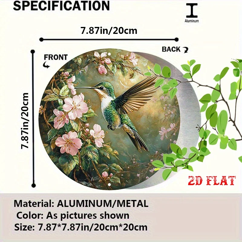 1pc Vintage Aluminum Metal Wall Art Sign - Green Hummingbird & Pink Flowers Round Print, 7.8x7.8 Inch Frameless Nature-Inspire