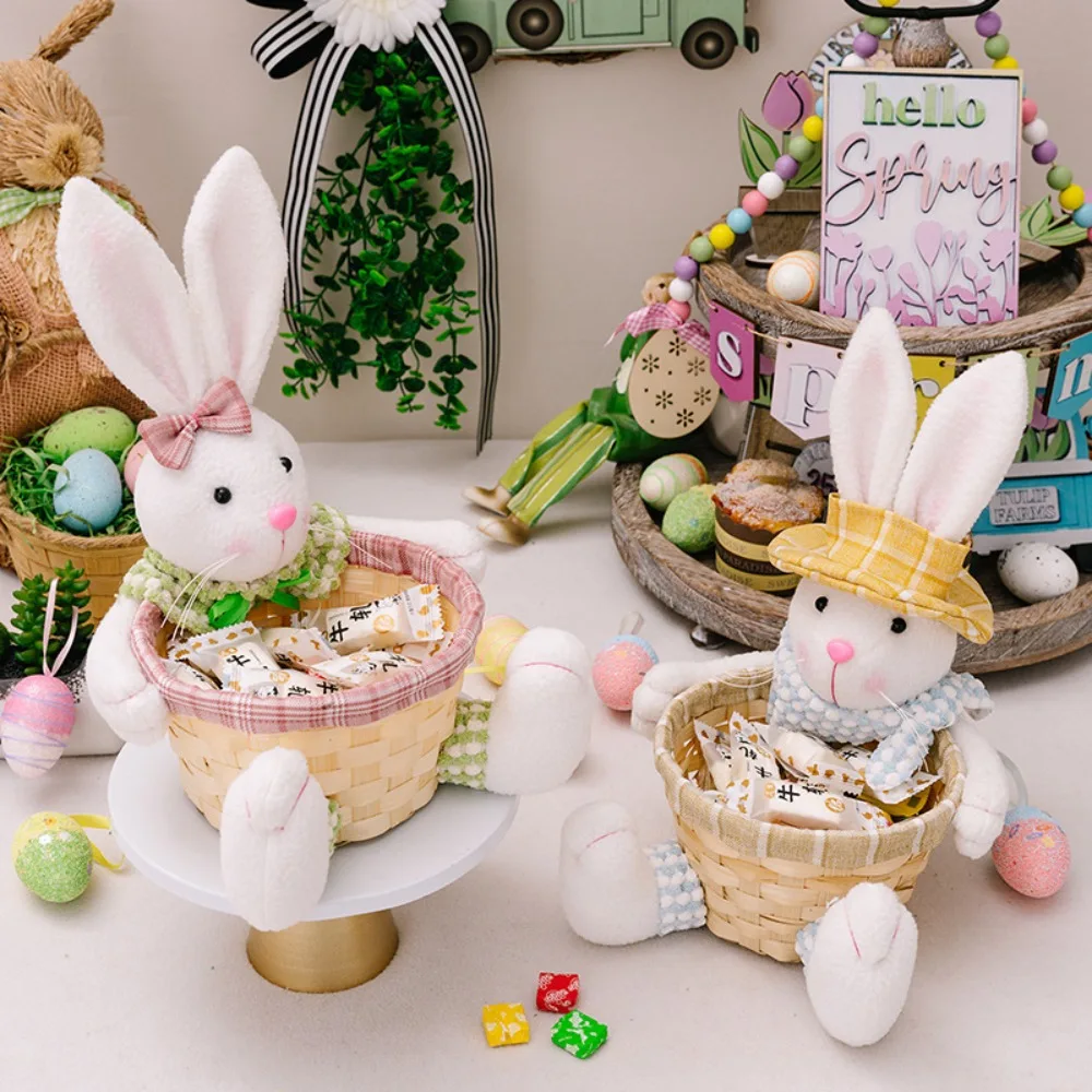 Cestino intrecciato pasquale per bambola di coniglio integrata multifunzionale, base stabile in rattan, cesto portaoggetti per uova di Pasqua, ciotola per caramelle, asilo