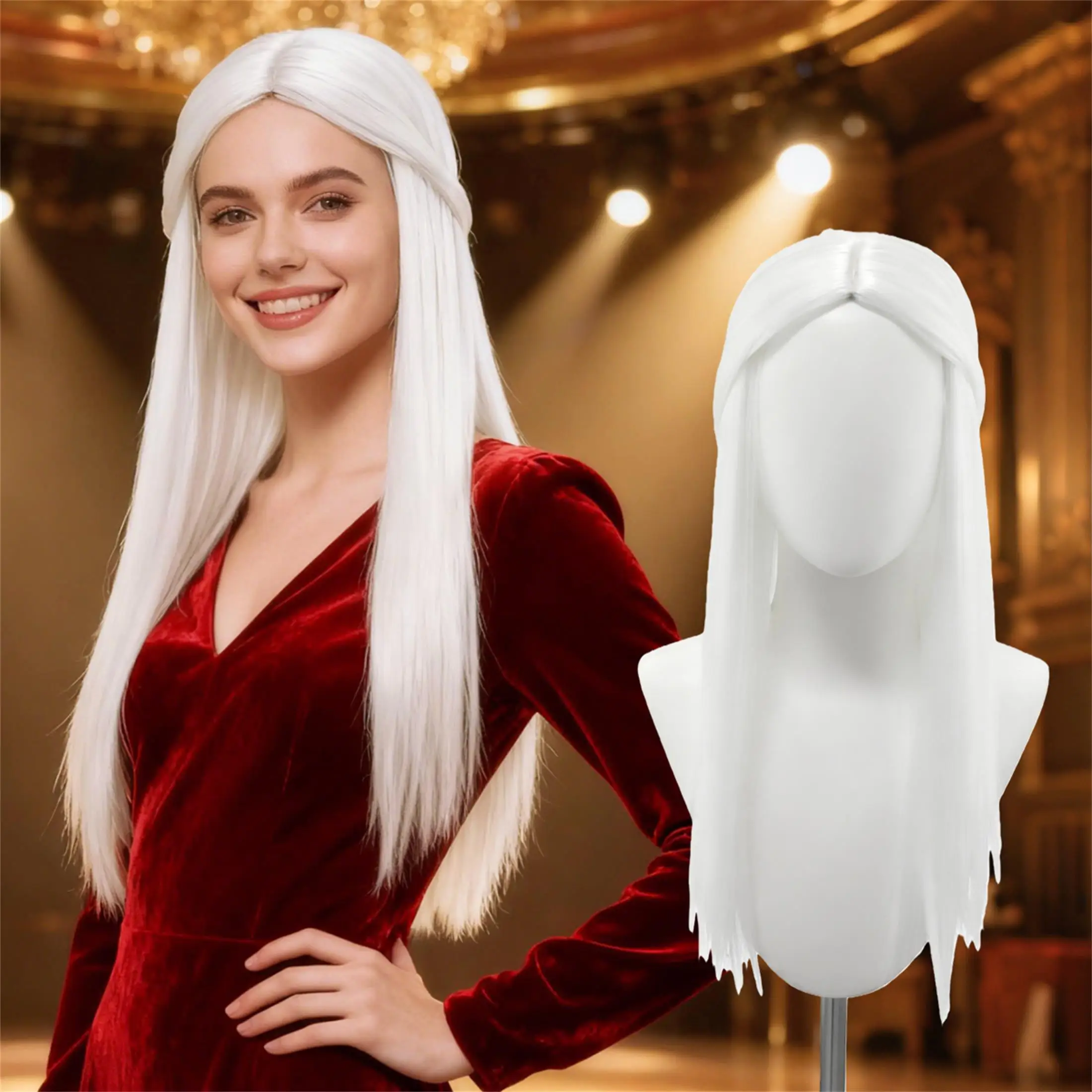 Pure White Long Straight Wig with Bangs Side Braid Cross V-Weave Mesh Back, 52cm Natural Sheen Synthetic for Cosplay Daily