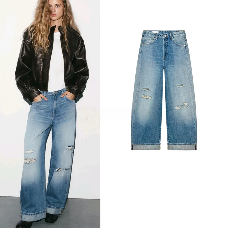 

Новые женские джинсы свободного кроя с высокой талией, на молнии, с рваными элементами и отворотами, повседневные, из полиэфирного волокна