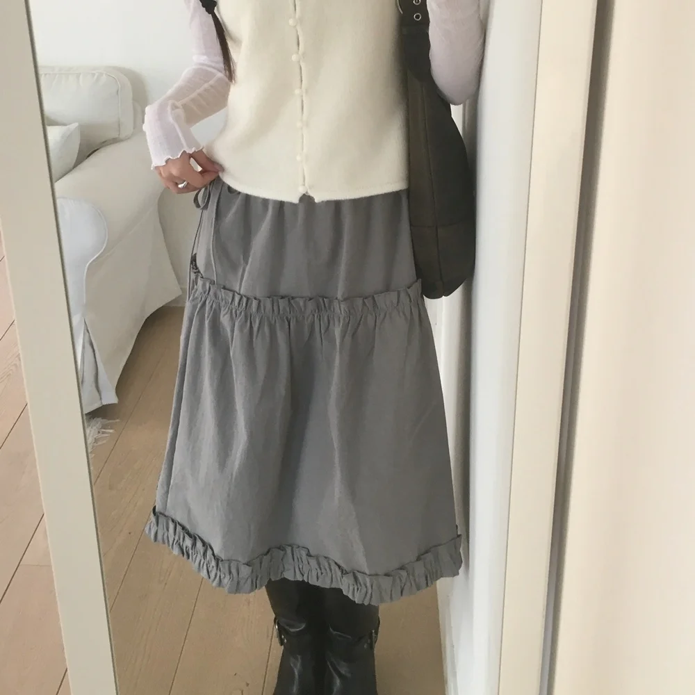 Korean Style Wood Grain  High Waist Belted Slim Elastic Waist Half Skirt Women's Fashion Commute Folded A-Line Skirt