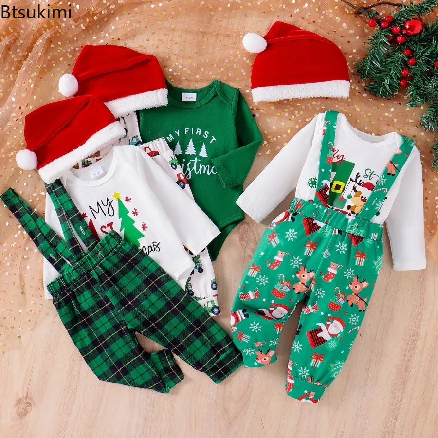 0-18 أشهر بيبي بوي عيد الميلاد الزي شجرة شاحنة طباعة طويلة الأكمام ارتداءها منقوشة طباعة الحمالات السراويل عقدة قبعة 3 قطعة مجموعة عيد الميلاد #1
