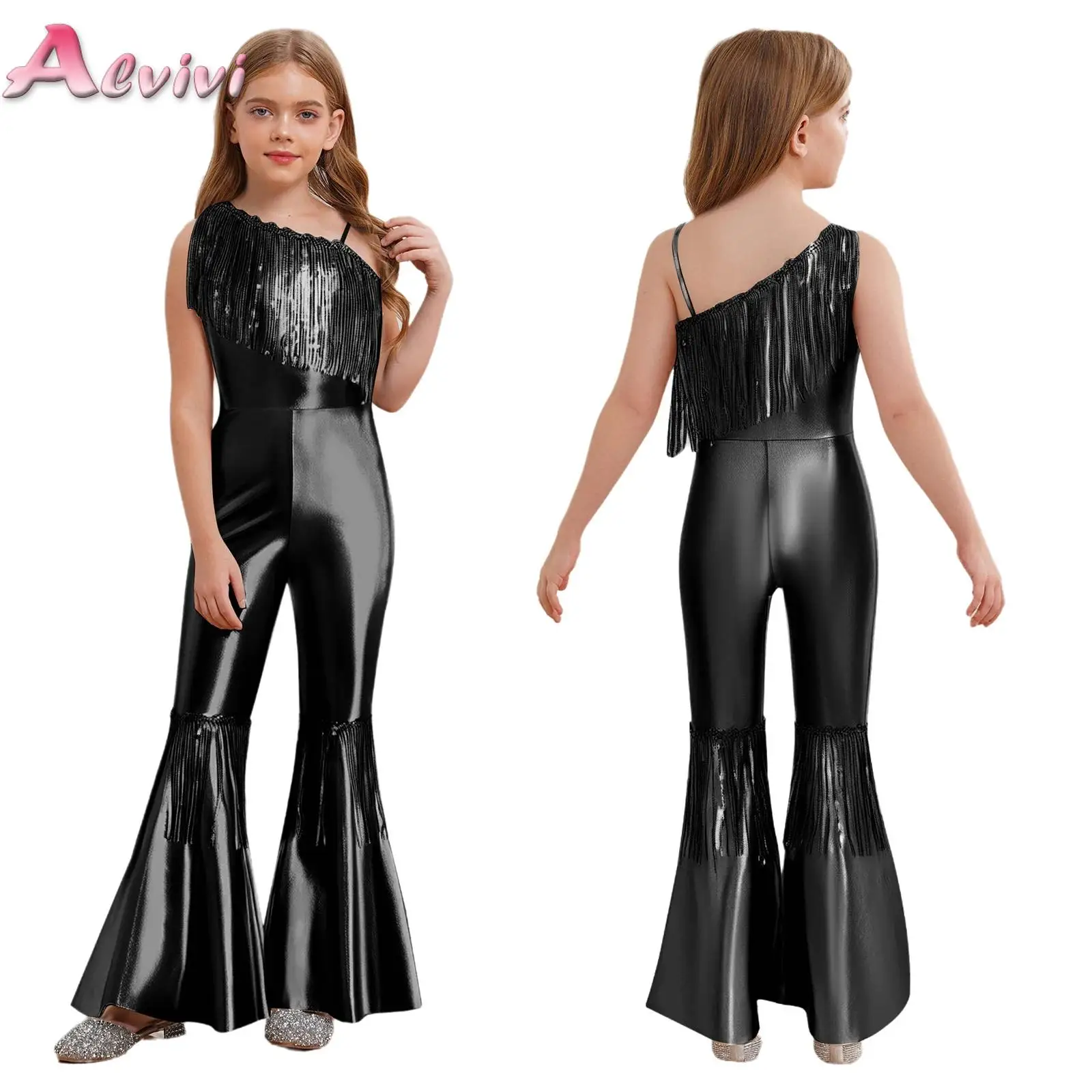 Shiny Halloween Carnival Party Hippie Costume for Kids Girls Sleeveless Sequins Tassels Disco Outfit 70s 80s Prom Flare Jumpsuit