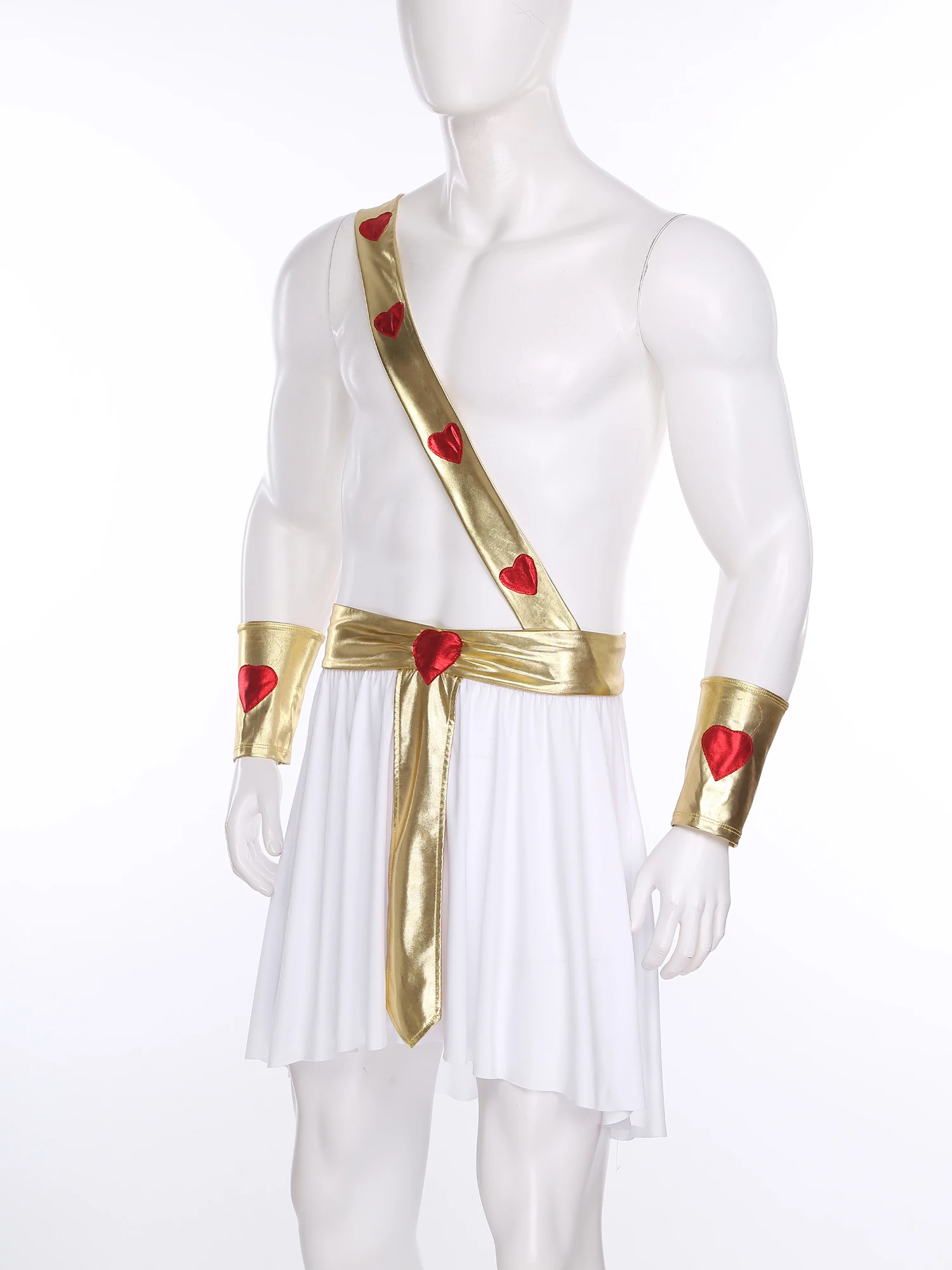 

Men Halloween Prince King Warrior Cosplay Robe Heart Pattern Asymmetrical Skirt with Metallic Sash And Cuffs for Theme Party