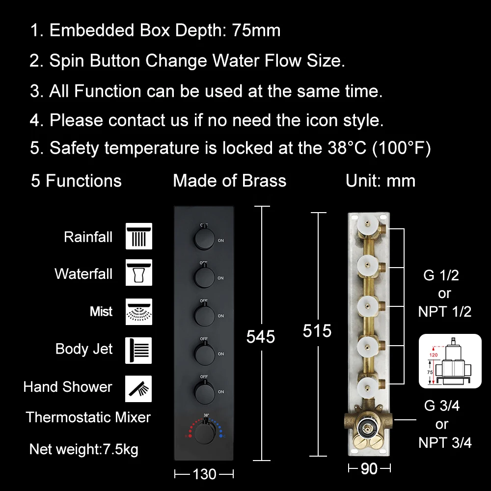 M Boenn Square Black Shower Set System Bathroom Faucets Music LED Shower Head 5 Functions Smart Thermostatic Showers Controller