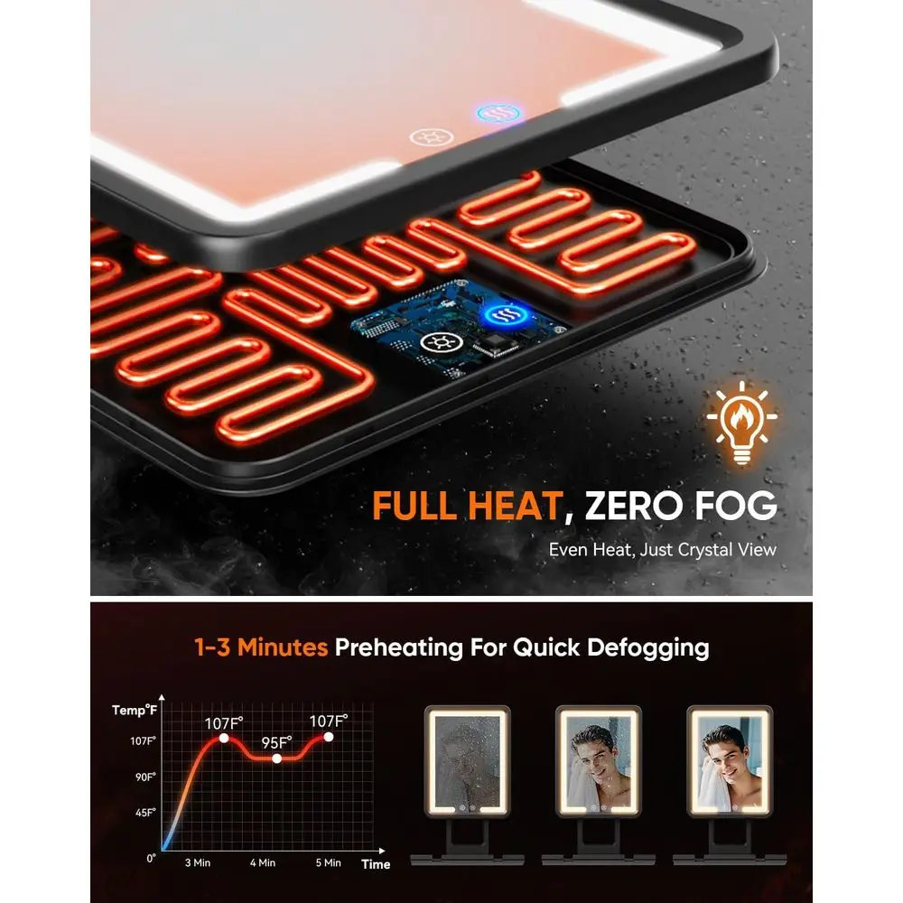 Specchio doccia antiappannamento con 3 luci colorate, porta rasoio e attenuazione continua per 2025, nessuna foratura richiesta, rimovibile - Nero