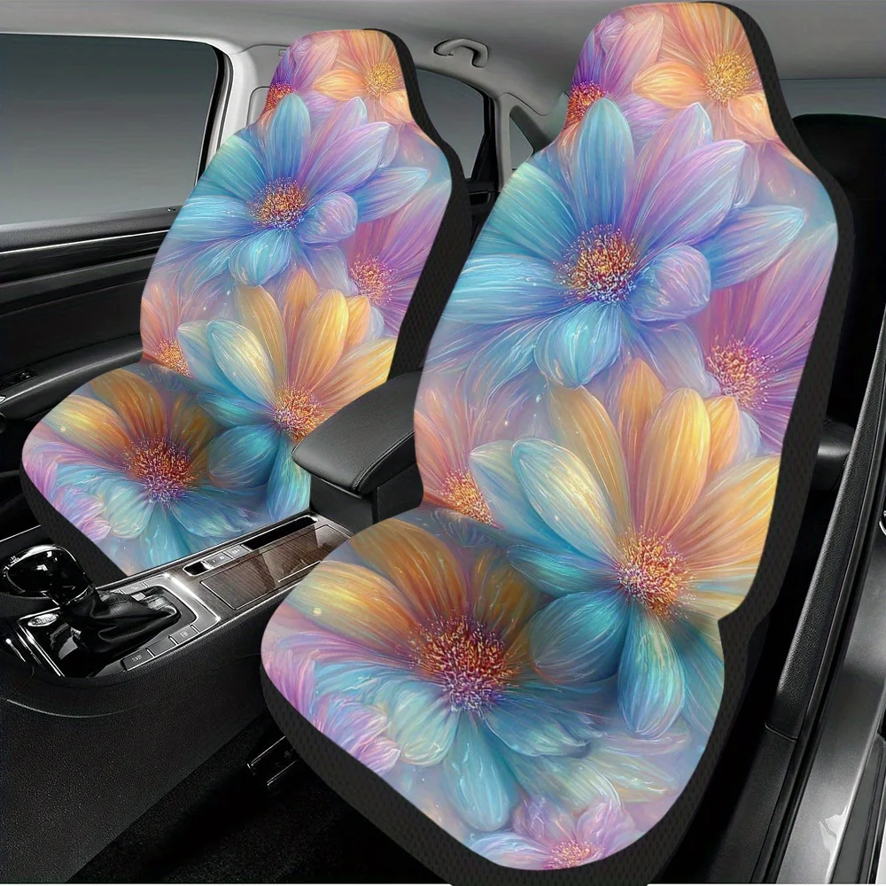 Set Of 2, Brightly Colored Flower Pattern Universal Car Seat Covers For Various Vehicles – Stylish, Premium Quality, Long-Lastin