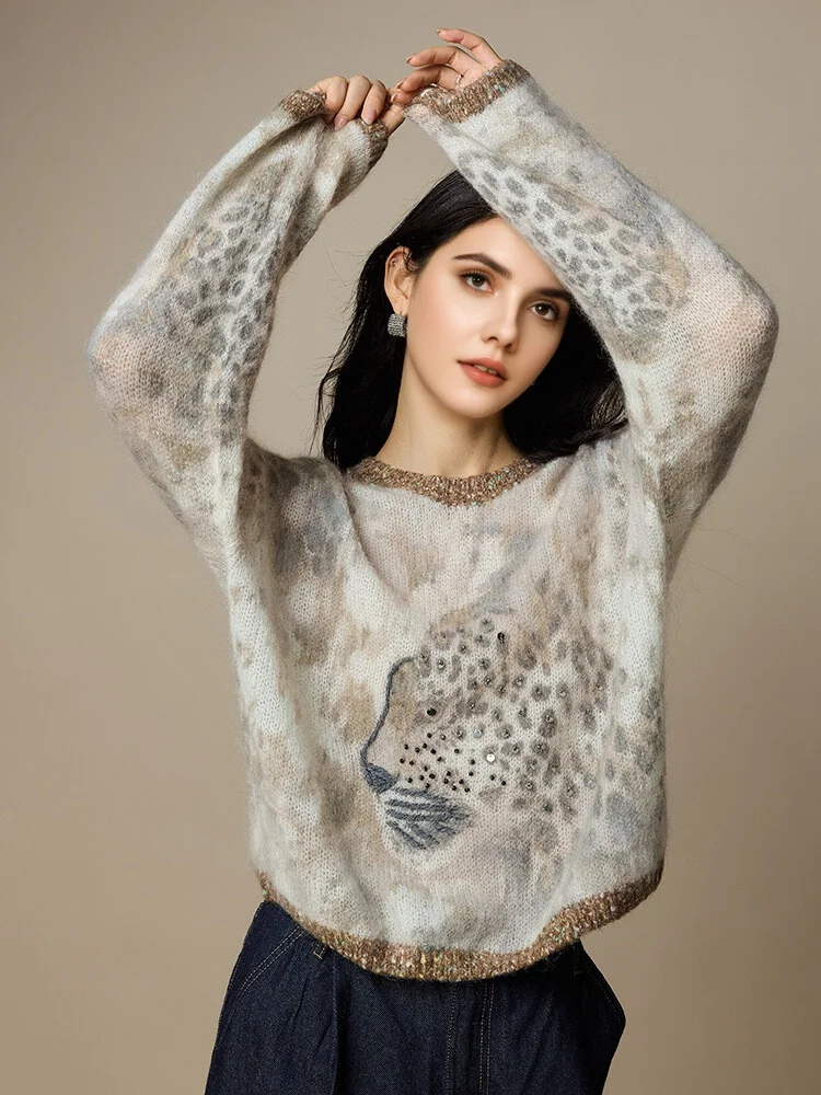 SuyaDream, pulls Mohair pour femmes, pulls imprimés en mélange de laine, col rond, haut à la mode automne-hiver 2025, motif de chat
