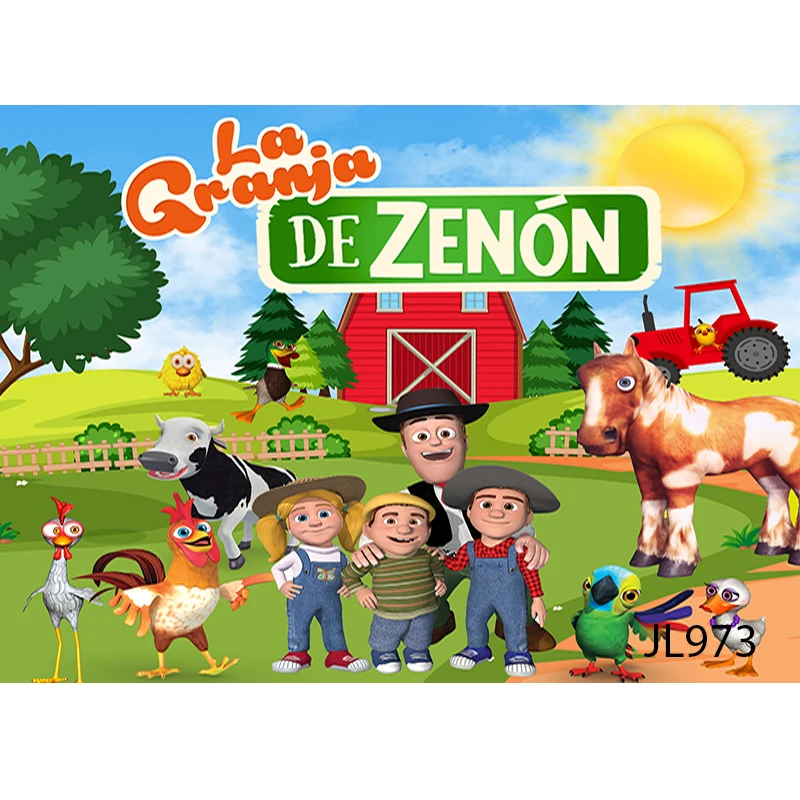 Custom พจนานุกรม Granja De Zenon ฉากหลังเด็ก1st วันเกิด Photo Studio สีเขียว Grass Farm Barn สัตว์รถแทรกเตอร์ภาพพื้นหลัง