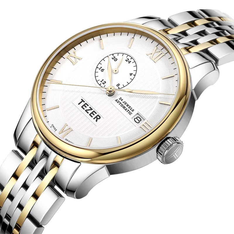 TEZER Men Automatic Watch | Silver‑Gold Tone | Sub‑Dial & Date | Sapphire Glass | 50M Water Resistant Mechanical Wristwatch