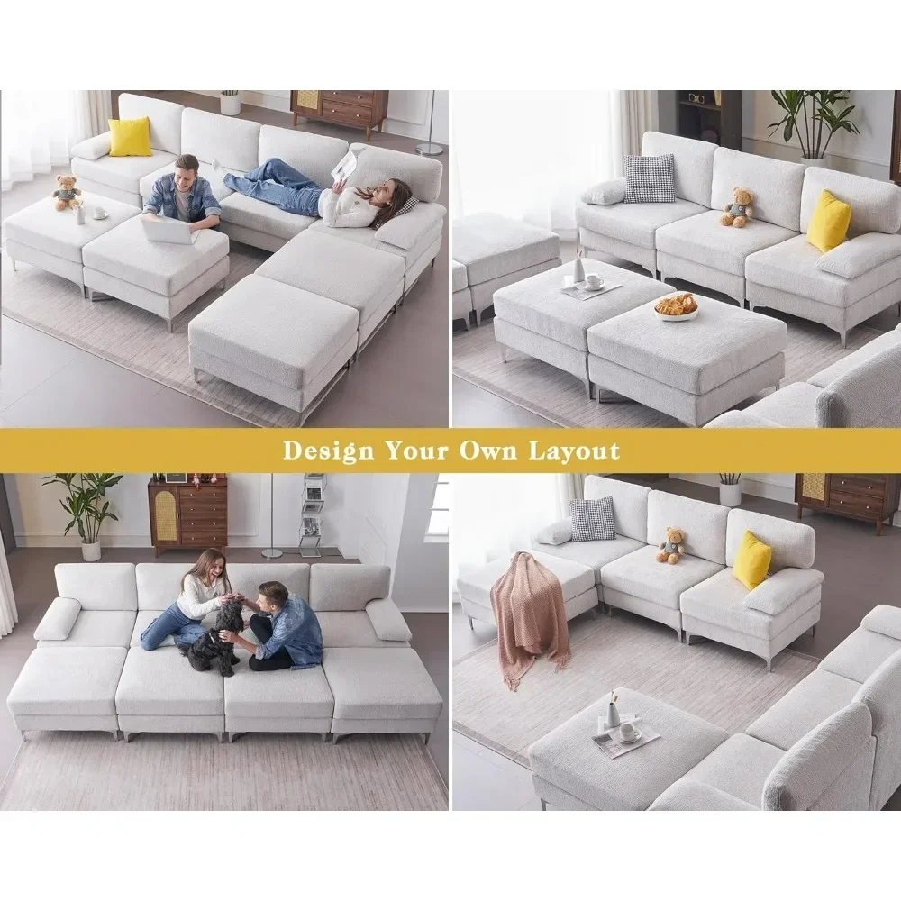 Modular Sectional Sofa, 8 Seater- Convertible Sectional Couches with Ottomans, Sofa Bed for Living Room, Beige Chenille