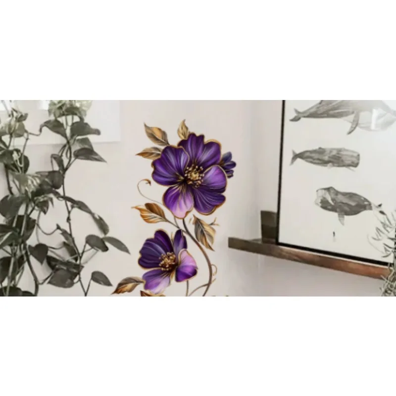 Golden Flower Vine Wall Sticker Removable Self Adhesive Decal for Living Room Bedroom Home Wall Decor Purple