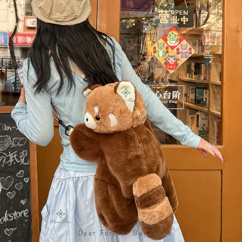 Cute Plush Red Panda Backpack New Hot Personalized Girl Fashion Knapsack Fun Animal Cartoon Rucksack Women Kawaii Crossbody Bags