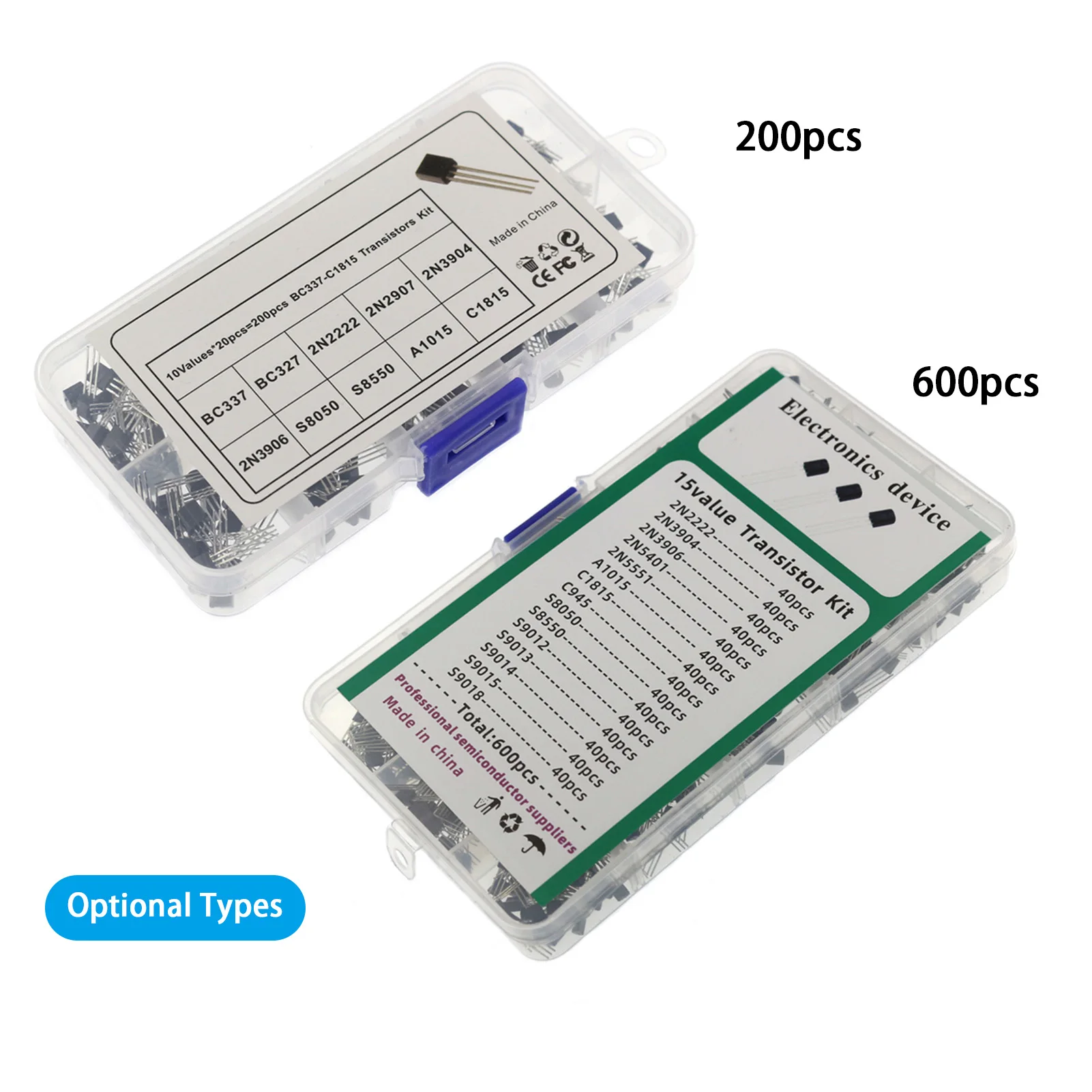 200/600PCS TO-92 Transistor 15 Types Values Kit Set  2N222/2N3904/2N3906/ 2N5401/2N5551/ A1015/C1815/C945/S8050/ S8550/S9012