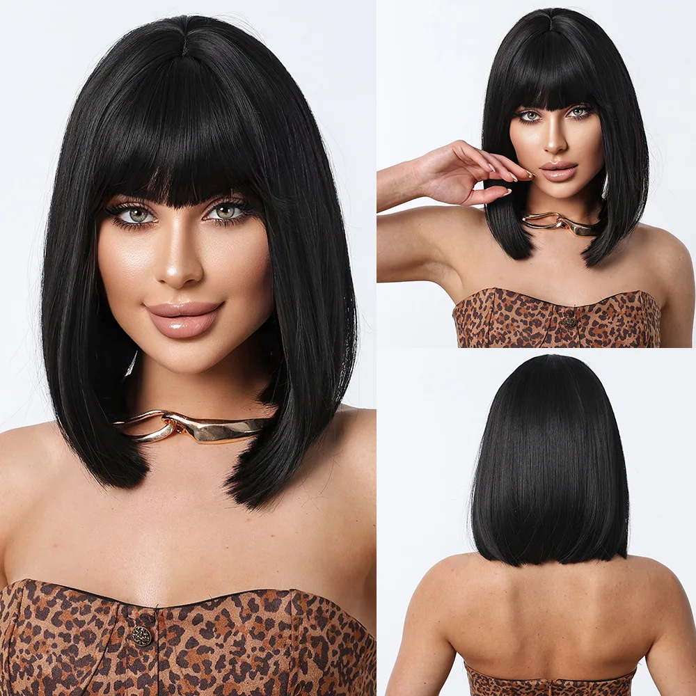 

European and American daily wigs short straight hair 14inch Qi bangs black whole wig cover bob head whole head cover