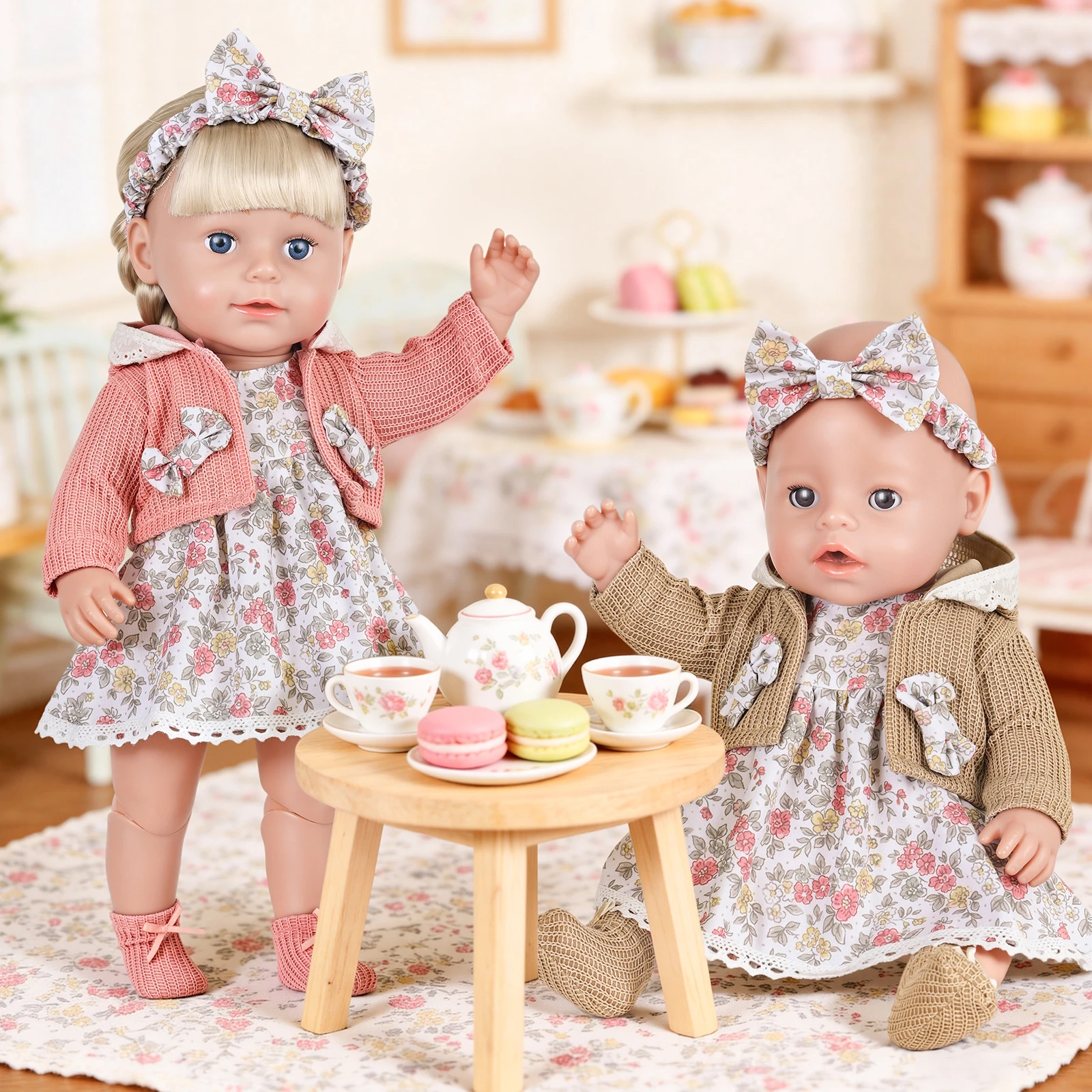 Cute Doll Clothes for 16-18 Inch Baby Doll Knitted Cardigan Floral Dress Set with Headband Socks for 40-45cm Baby Dolls Girls Gi view 5