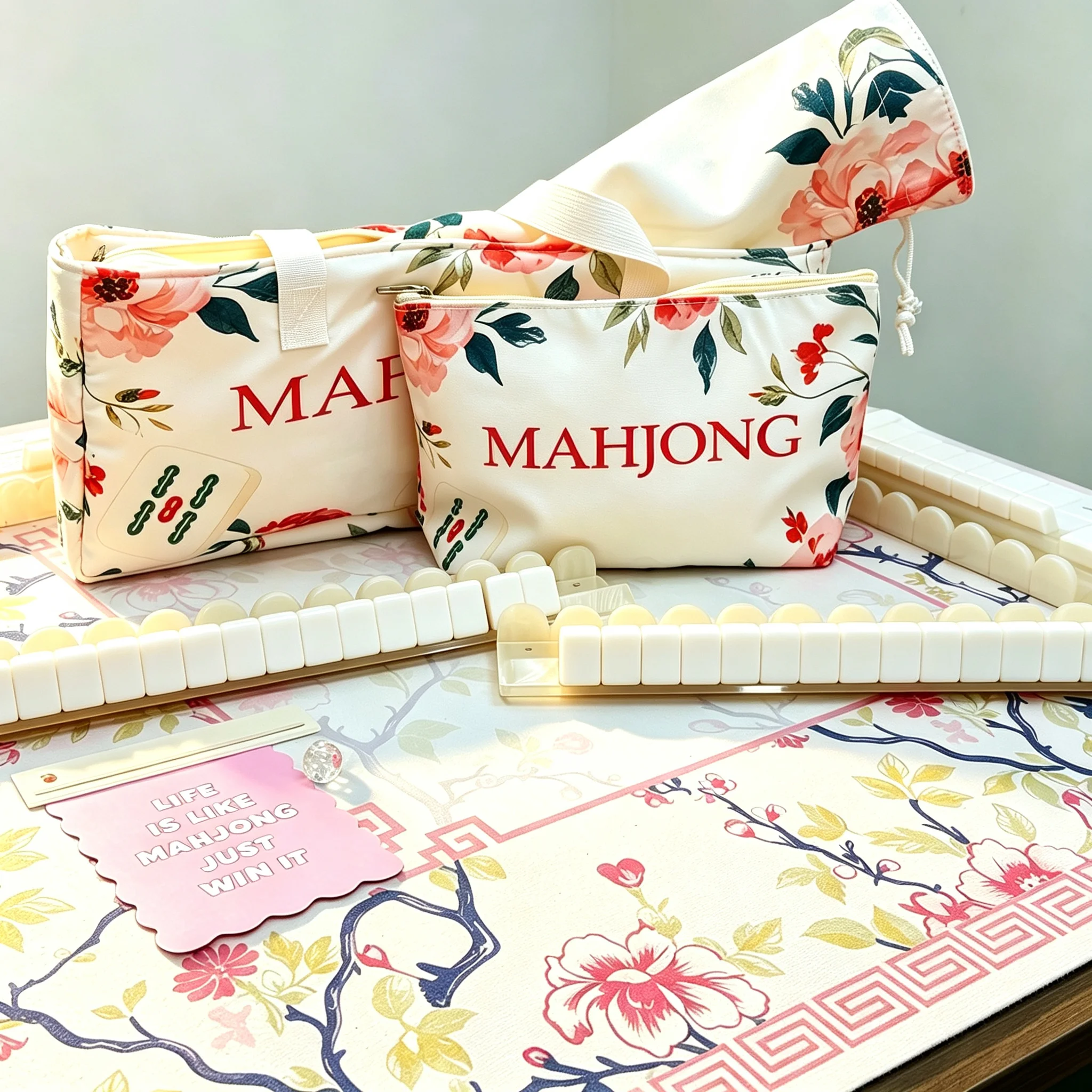 2 Styles American Mahjong Set Pink Floral Monkey Tile & Light Blue 4-Layer Mahjong Kit Full Accessories Bag Mat Rack Ruler