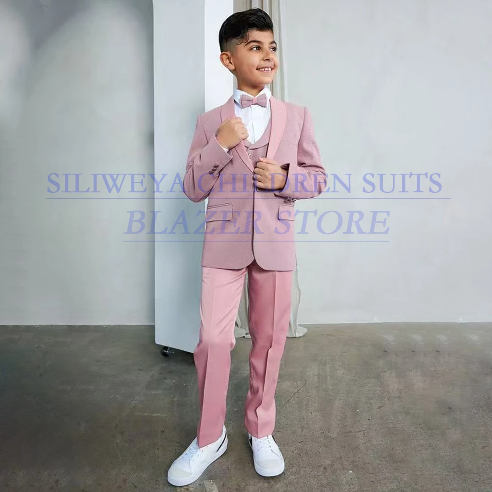 

Костюмы для мальчиков, одежда с одной пуговицей, шаль с лацканами, приталенная куртка из трех предметов, брюки, жилет, комплекты одежды высокого качества для дня рождения