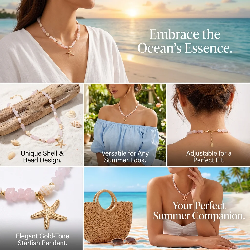 Boho Muschel Rosa Stein Choker Halskette für Frauen Goldfarben Seestern-Anhänger Strand-Schmuck für Sommerurlaub Y2K Ästhetisches Geschenk – Detail 3