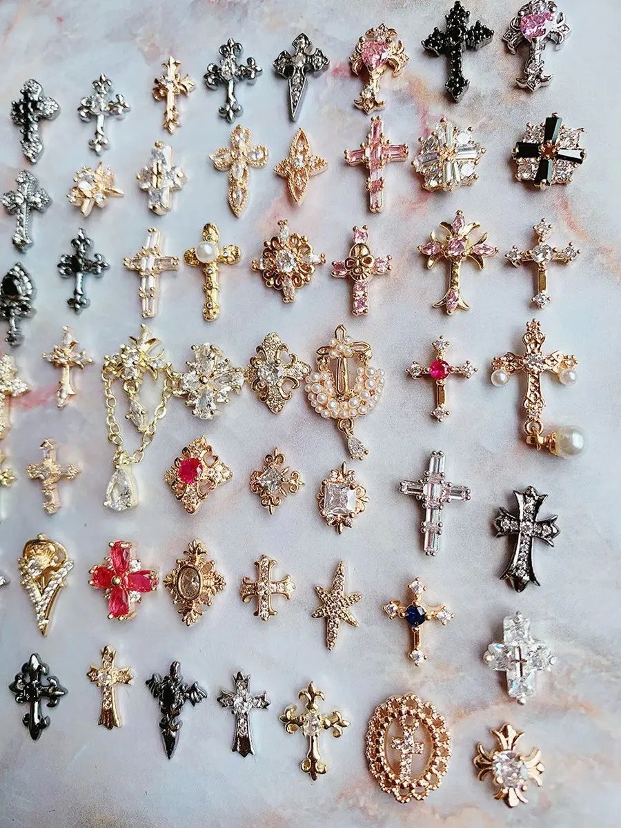 10pcs/lot Luxury Pink Cross Crucifix Flower Nail Art Parts Zircon Crystal Manicure Nails Accesorios Supplies Decorations Charms