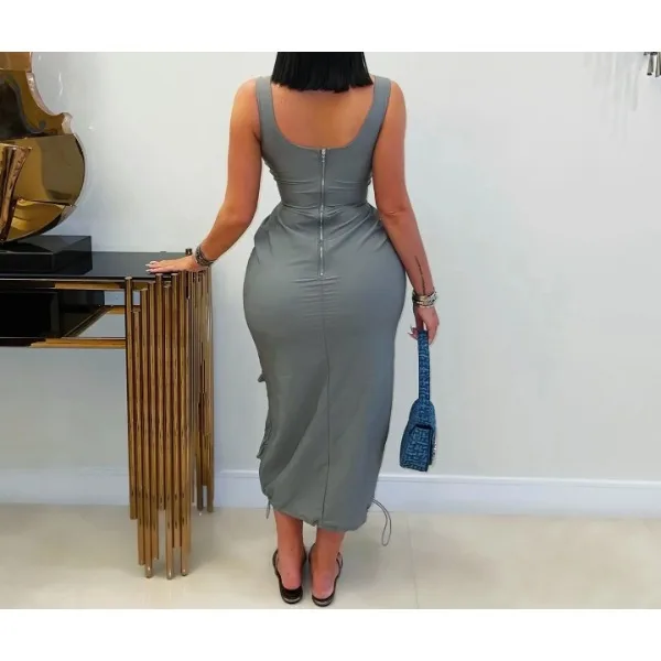 فستان نسائي ميدي بجيوب وأزرار عالية الشارع تفاصيل فستان بدون أكمام فساتين نسائية للنوادي الليلية ملابس كلوبوير صيف 2025 #2