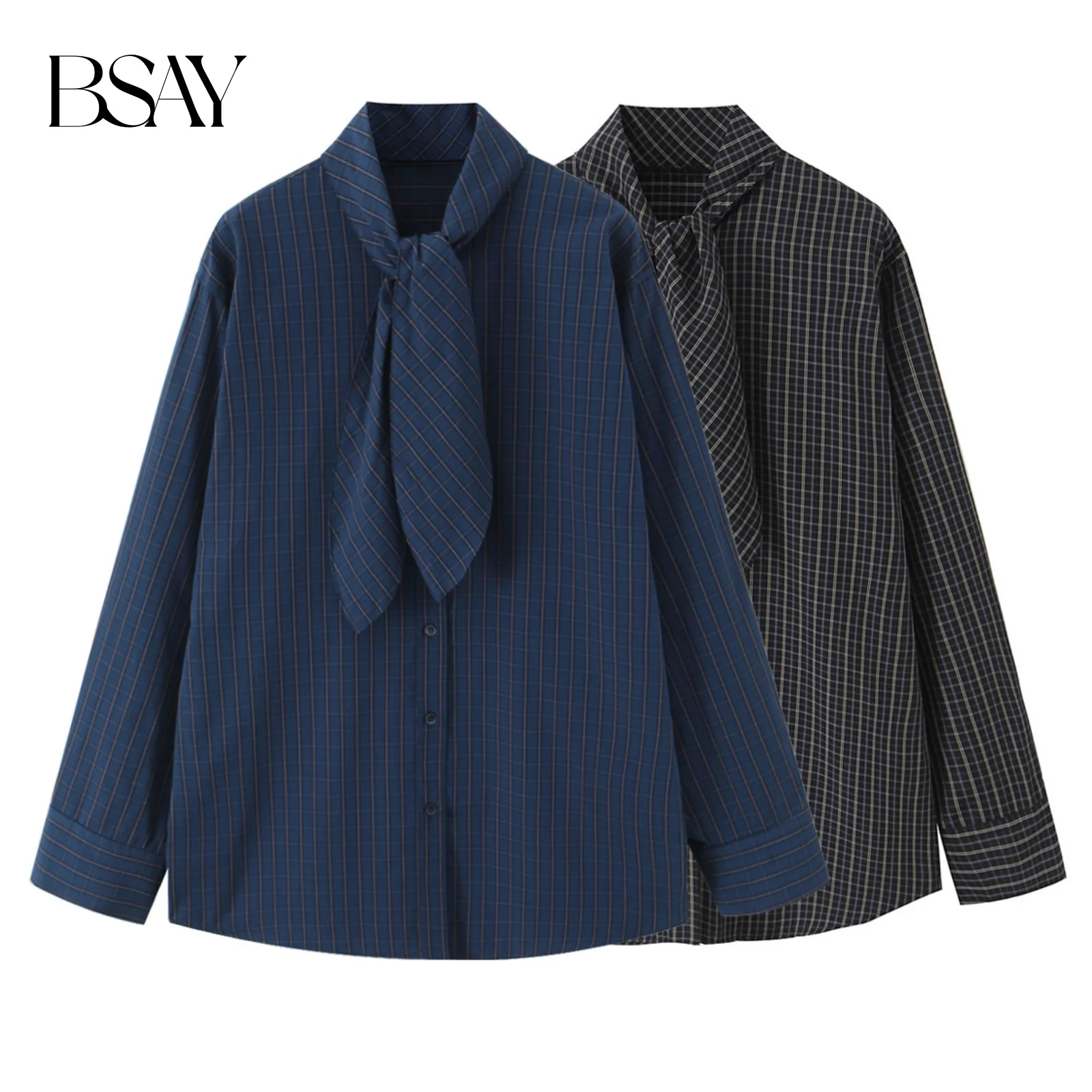 

BSAY Scarf Collar Plaid Shirt for Women Fashion Autumn Winter New Casual Long Sleeves Single Breasted Blouse Chic Ladies Top