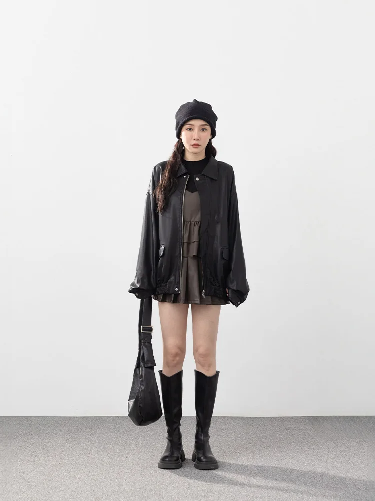 Queenop Herfst Winter Nieuwe collectie Damesmode Mat leer Jaet Loose Fit Bovenkleding Casual Sle Lange Sve Rits