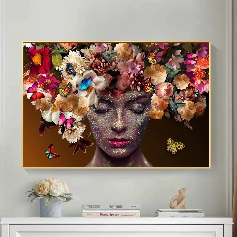 Abstract Flowers Head Woman Posters Prints Hair Butterfly Canvas Painting Wall Art Pictures