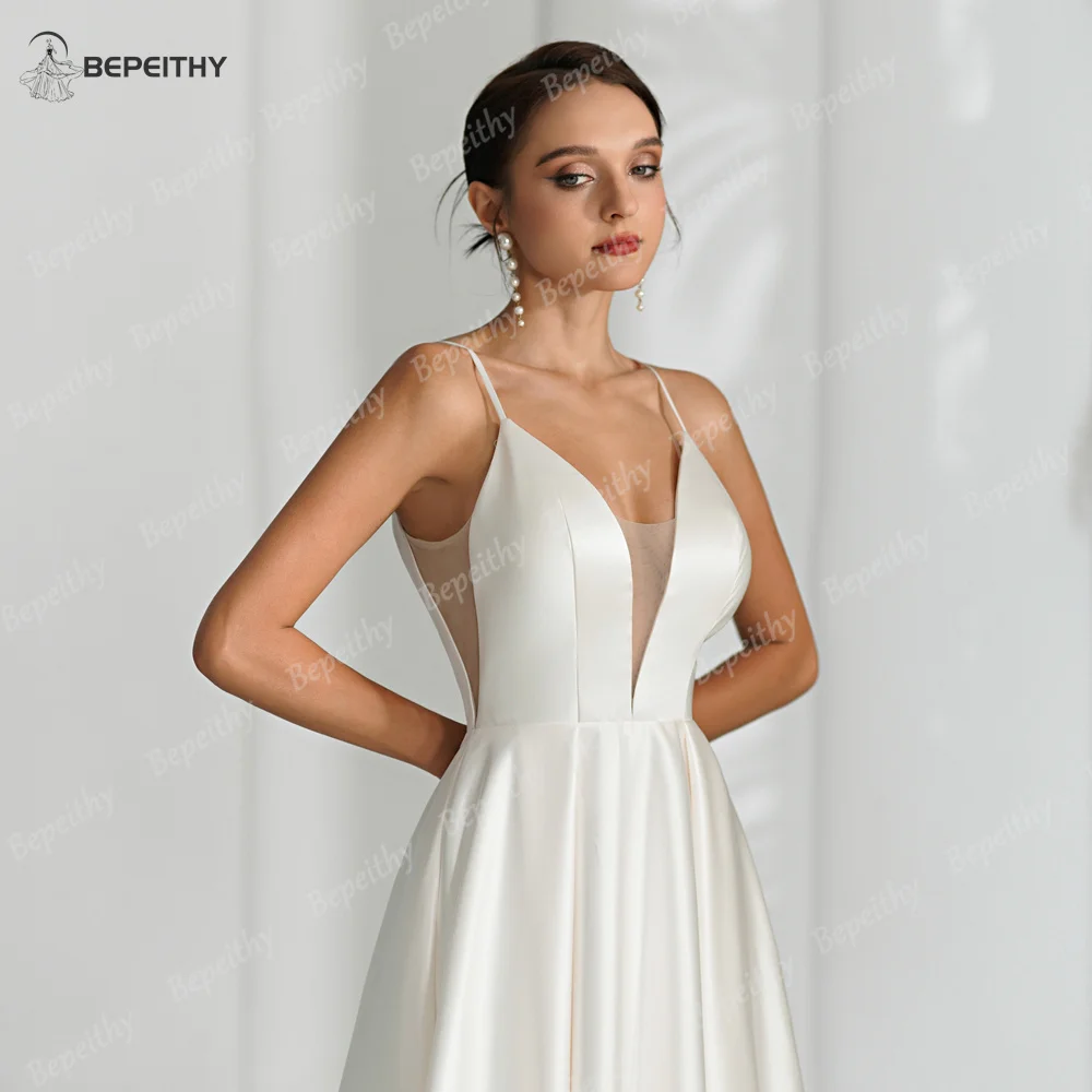 BEPEITHY-Robes de mariée en satin à col en V pour femmes, robe dos nu personnalisée, simple et sexy, fête, patients blancs