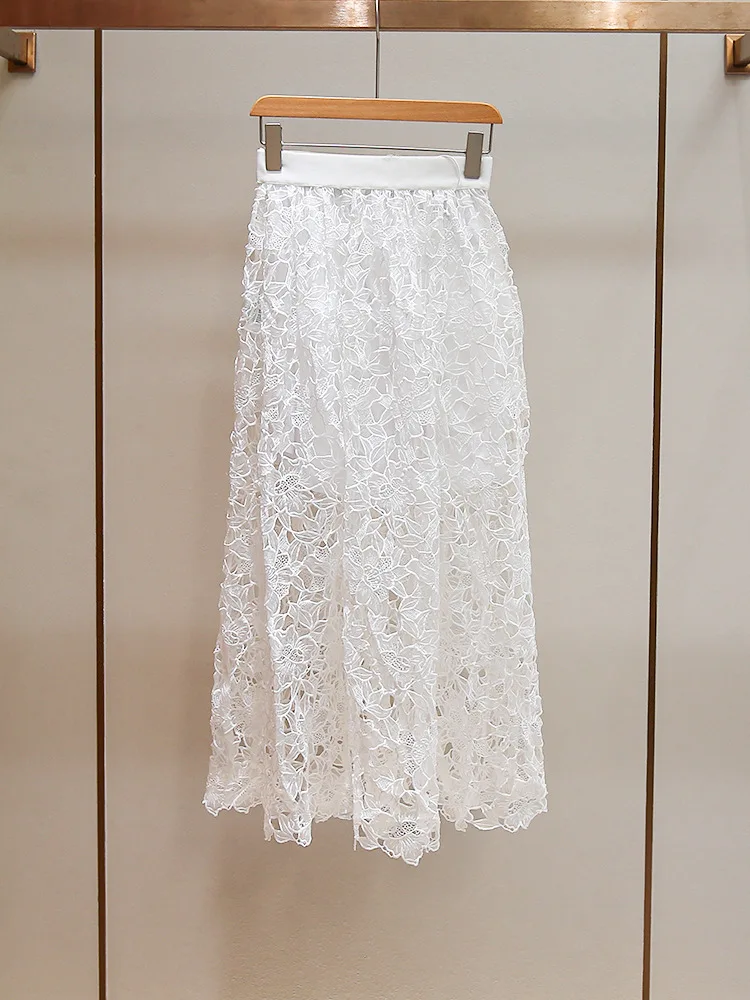 Conjunto de Verano 2026 para Mujer, Camisa Blanca de Encaje con Cuello Camisero y Manga Corta + Falda Midi Línea A