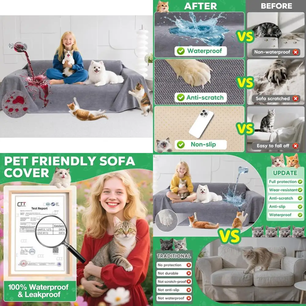 

Pet-Friendly Anti-Slip Thickened Couch Cover for 3 Cushion Sofa, Gray, Cat-Scratch Resistant Slipcover for Dogs and Cats