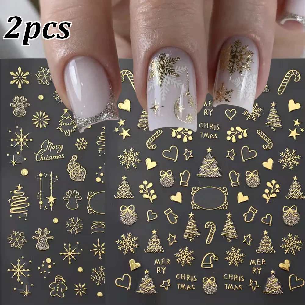 2Pcs/set 3D Gold Christmas Nail Charms Sticker Shiny Snowflakes Christmas Trees Gingerbread Man Nail Slider Heart Star Nail Deco