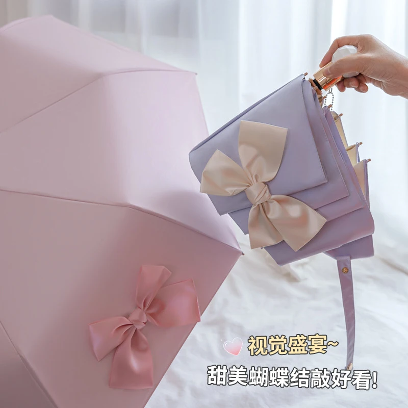 Fully Automatic Bow-Tie Umbrella, Sun Umbrella, Foldable Black-Coated Dual-Use Umbrella, Student Sunshade Umbrella, Solid Color view 4