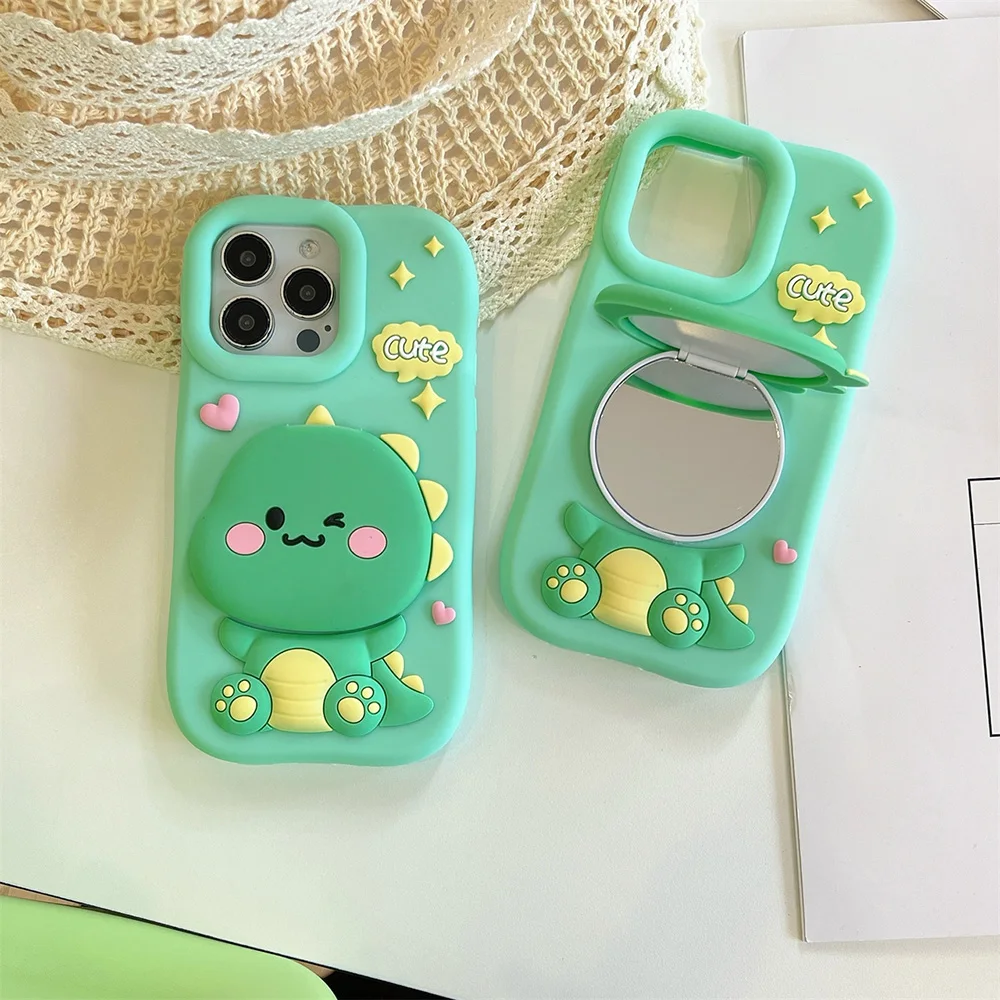Lustige Dinosaurier-weiche Silikonhülle mit Make-up-Spiegel-Ständerhalter, 3D-Cartoon-Abdeckung für iPhone 12, 13, 14, 15 Plus, 16 Pro Max Capas – Detail 2