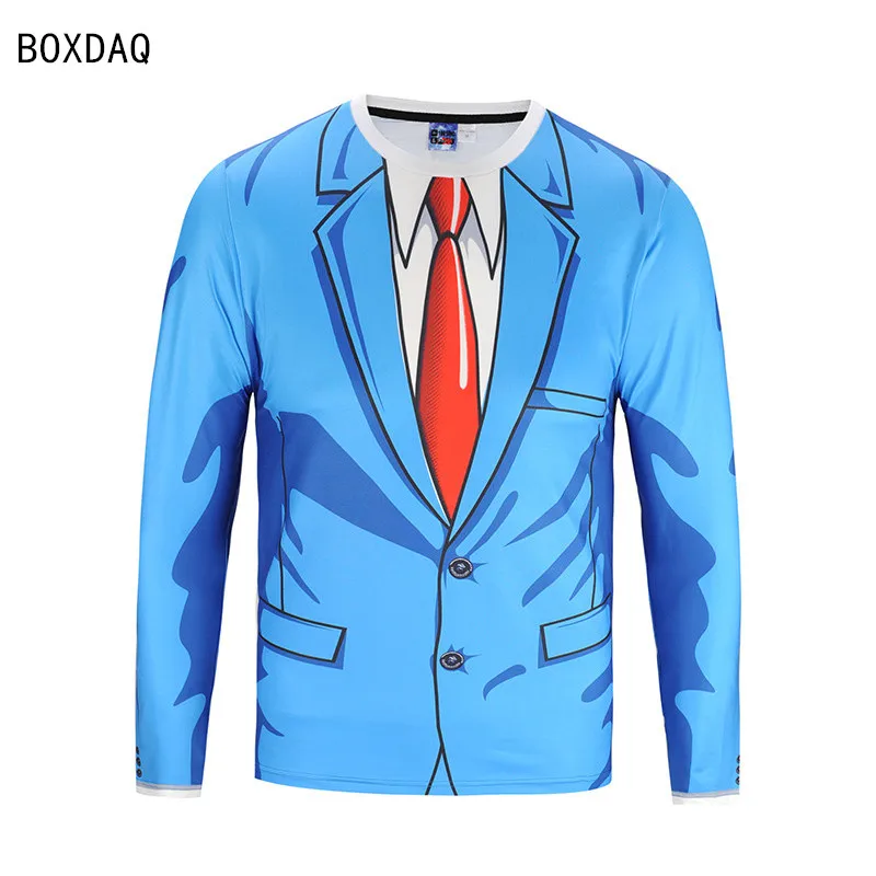 Men Fake Two-piece T-Shirts 3D Bow Tie Print Casual T Shirts Autumn Long Sleeve O-Neck Loose Cotton Tops Male Fake Suit Tshirt