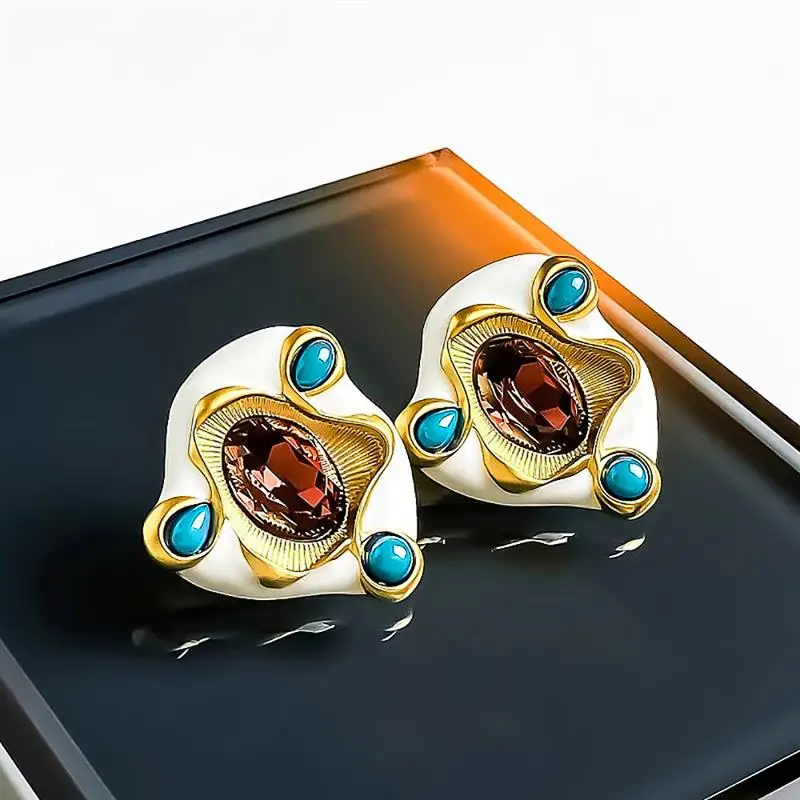 Huitan Damen-Ohrstecker mit geometrischem Design, bunter Emaille, Party, Hochzeit, trendiges Zubehör, eingelegter, glänzender CZ-Damenschmuck
