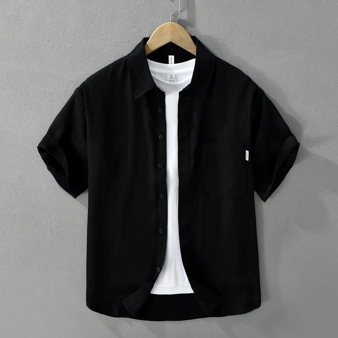 

2026 New Solid Short Sleeve Shirt for Men Casual Turn-down Collar Loose Linen Shirts Male Fashion Black Men's Shirts
