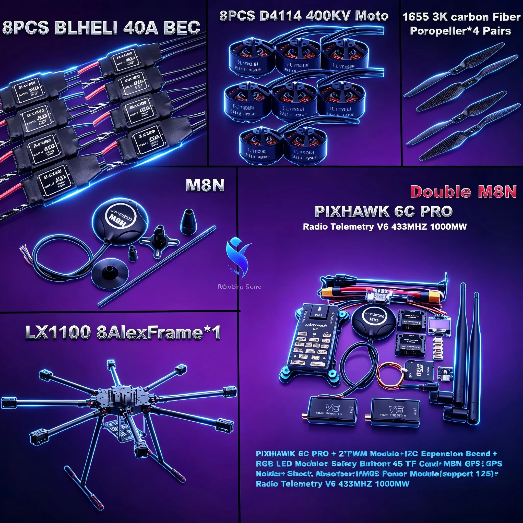 Angeltoy LX1100 6C PRO Doublel M8N/M9N M10 GPS Flight Controller All Carbon Fiber1100mm Octacopter BLHELI 40A ESC D4114 Motor
