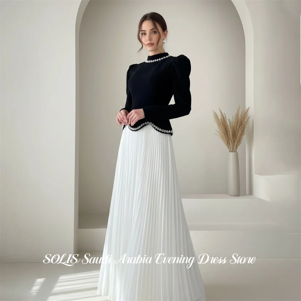 

SOLIS Black and White Evening Dress High Collar Party Dress Off Shoulder vestidos de fiesta Full Sleeve Prom Gowns Customized