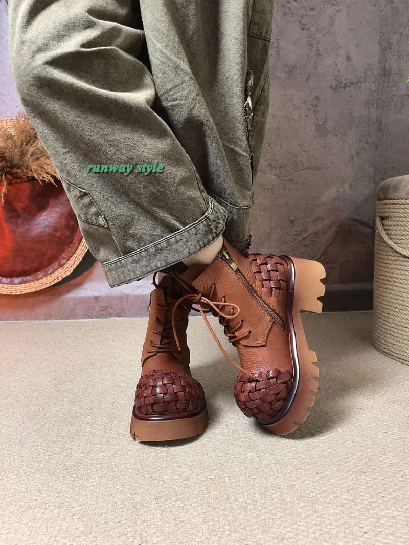 Retro Style Women's Boots Round Head Hand-Knitting Ankle Boots Platform Lncrease New Winter Styles  Big Boots 2025