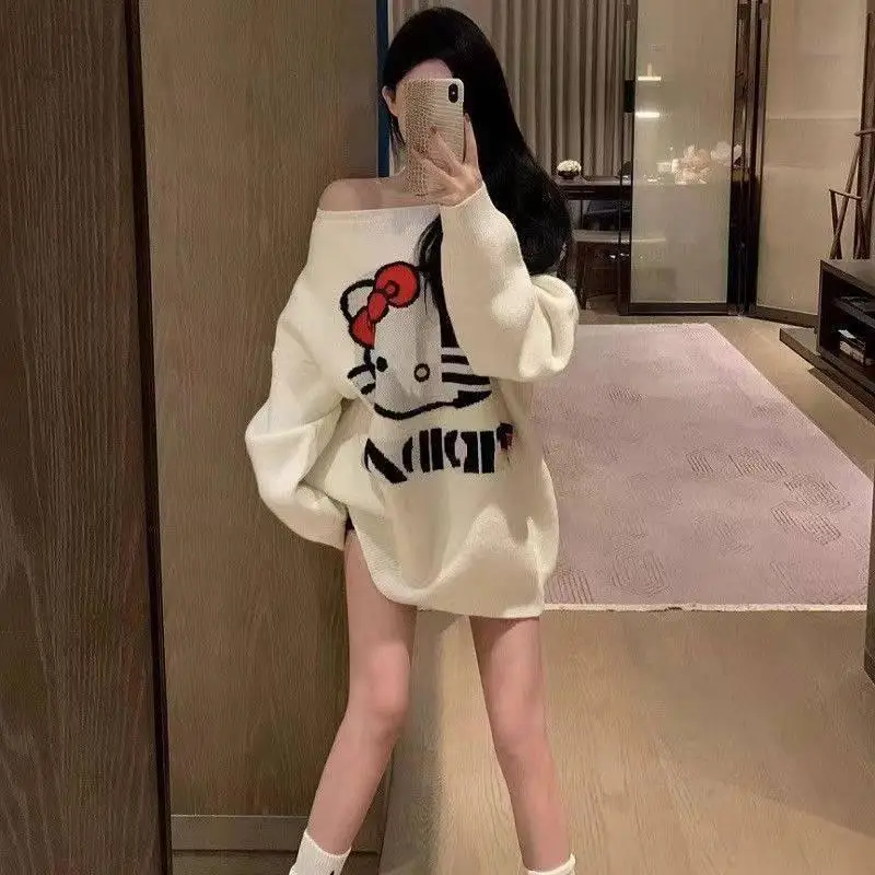 

Sanrio Autumn and Winter Loose Lazy Style Hello Kitty Jacquard Sweater Round Neck Knitted Outer Top Hot Girl Sexy Women's Wear