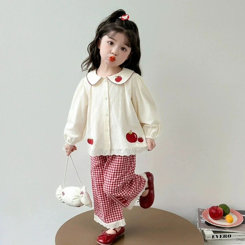 Spring and Autumn New Girls Printed Two Piece Set 2026 Spring Autumn Cute Long Sleeve Shirt Long Pants Children's Set
