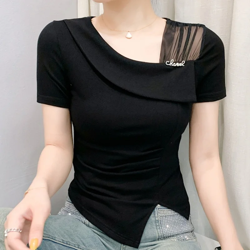 

Design Mesh Splicing Women Temperament Slim Fit T-shirt Summer New Short Sleeved Cotton Tees Female Sexy Skew Neck Folded Tees