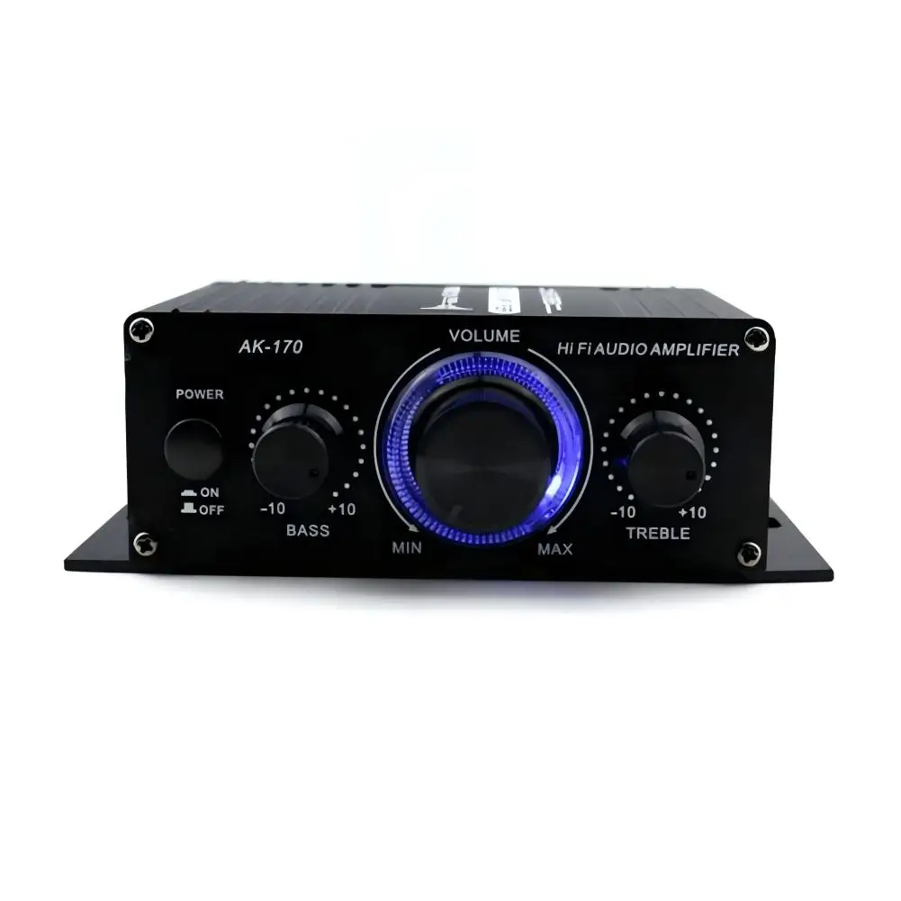 

AK170 HiFi усилитель из алюминиевого сплава 12,5*7,5*4 см, номинальная мощность 20 Вт + 20 Вт, 12 В, 4-16 Ом, светодиодное кольцо, регулировка высокой низкой громкости